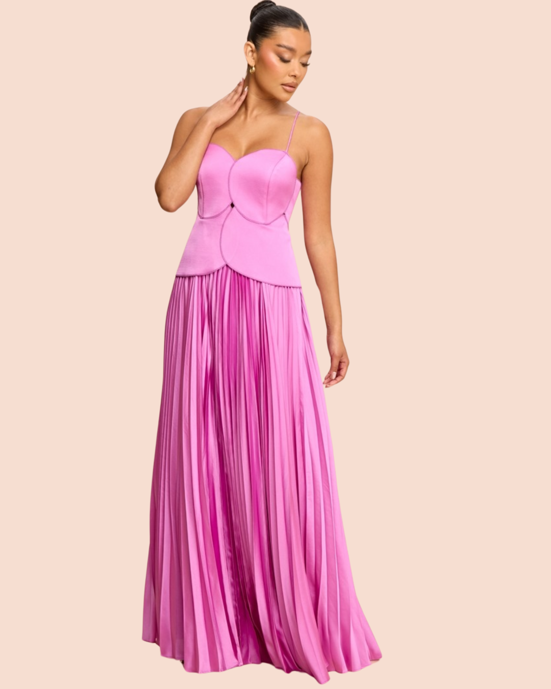 Vestido rosado con corset y falda plisada