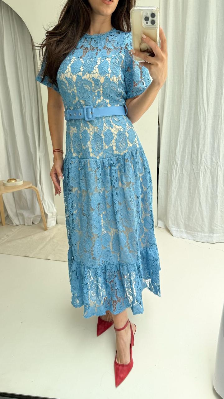 Vestido Midi Guipiur Celeste