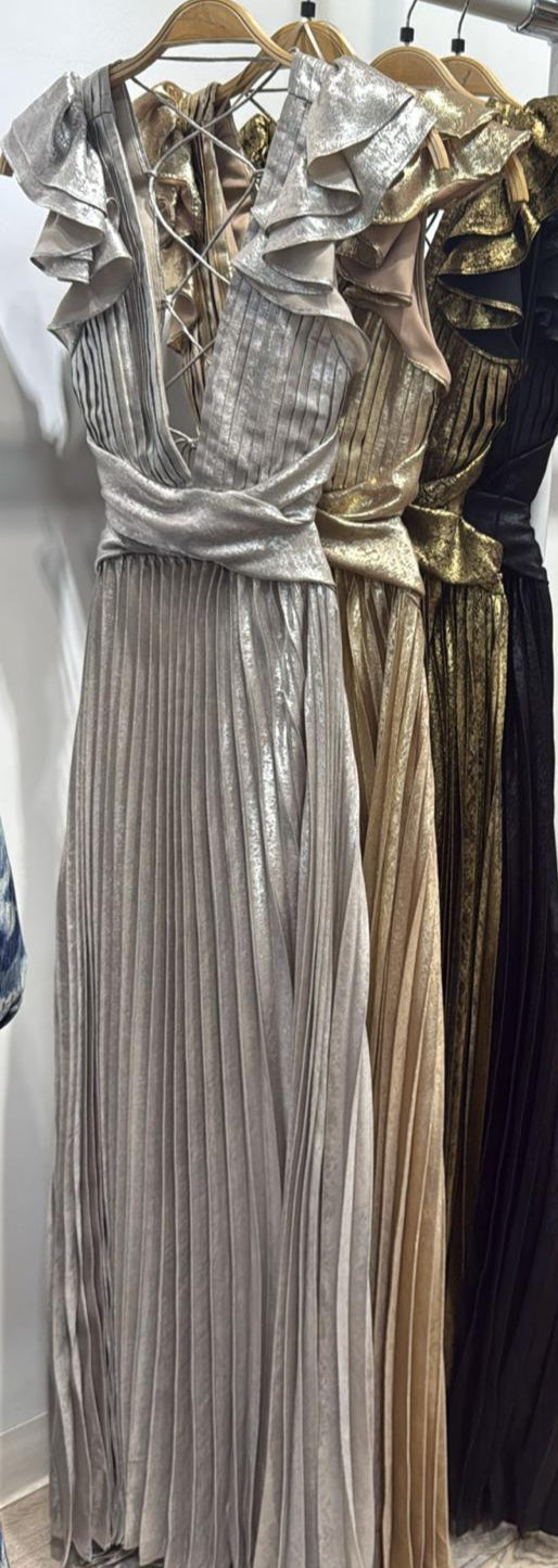Vestido Maxi Plateado Escote
