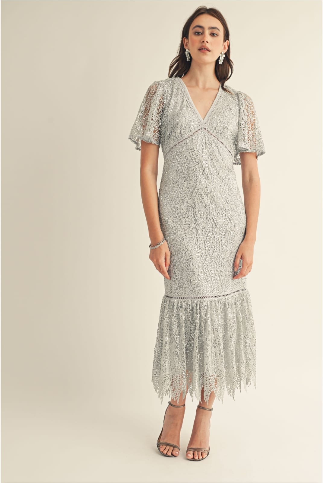 Vestido Manga Corta Celeste Con Brillos